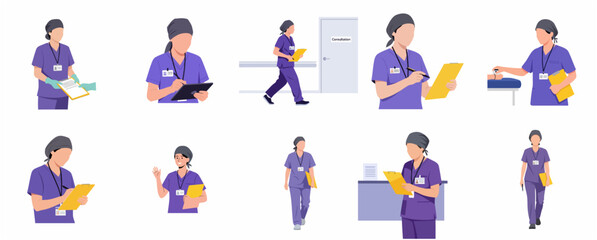 Fototapeta premium Set of professional female nurse characters in purple scrubs working in hospital, flat vector illustration