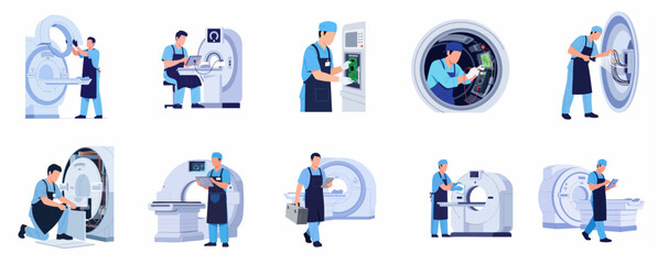 Fototapeta premium Collection of technicians and engineers performing maintenance and repair on medical MRI and CT scan machines, flat illustration set
