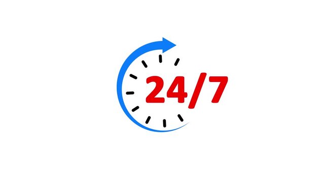 Twenty four seven service animation clock availability support time motion graphic animation.Service sign business availability.