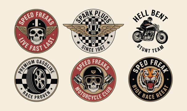 Vintage motorcycle badges and biker skull emblems: a vector illustration set for apparel print