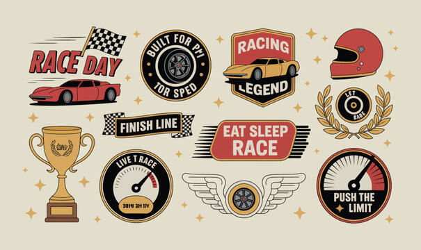Vintage racing badges and car stickers vector illustration set for motorsport apparel design