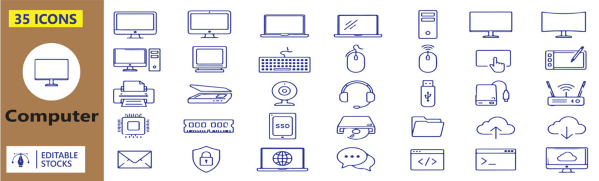 Set of 35 Computer icons Each icon will be different, create a vector outline icons using white background and black color 