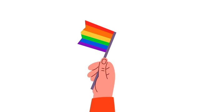 Animated hand waving a rainbow pride flag in a simple flat style. Isolated on a white background, symbolizing LGBTQ+ equality, inclusion and unity.