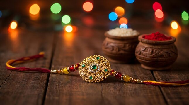 Rakhi bracelet with rice and kumkum for raksha bandhan festival on wooden table
