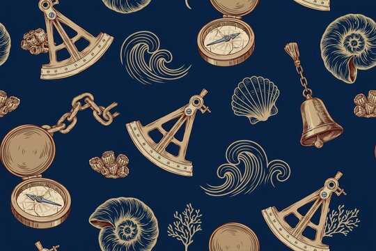 Nautical pattern featuring vintage sextants, compasses, seashells, and ocean waves on a dark blue background, for maritime themed