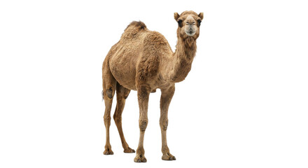 A single dromedary camel stands facing forward with a white background © Sapphire