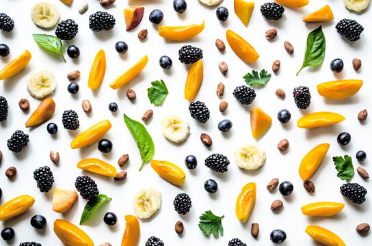 Delicious fruit and berry pattern on white background