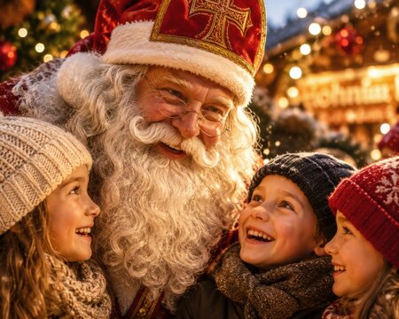 Fr&ouml;hlicher Nikolaus mit lachenden Kindern auf festlichem Weihnachtsmarkt, traditionelle deutsche Weihnachten voller Freude, Winterzauber, Lichterglanz und Adventsstimmung