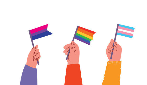 Vector flat illustration, hands holding LGBT flags, rainbow, trans, bisexual flags, transparent background, simple style, pride concept.