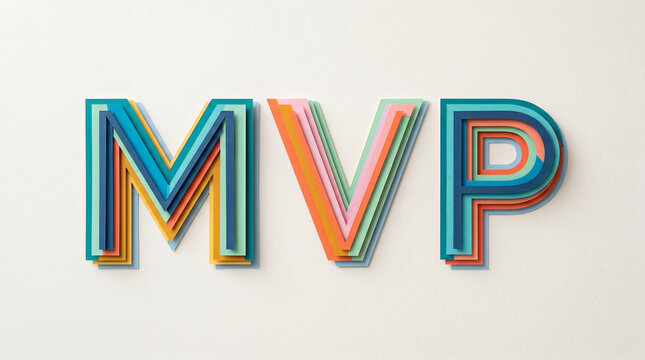 Layered paper cut typography spelling MVP for business success and minimum viable product concepts