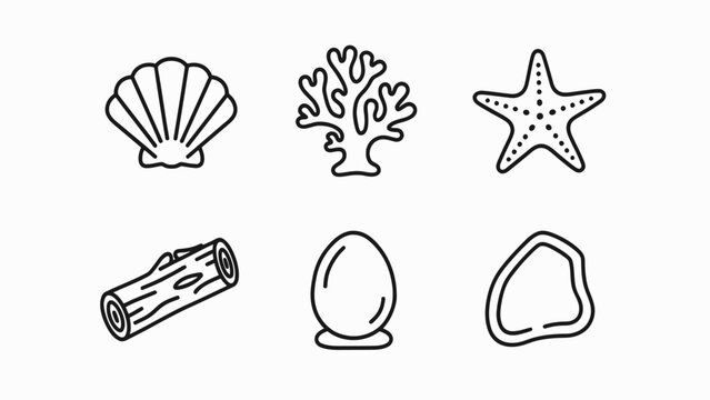 Set of marine life icons: seashell, coral, starfish, driftwood, egg, stone