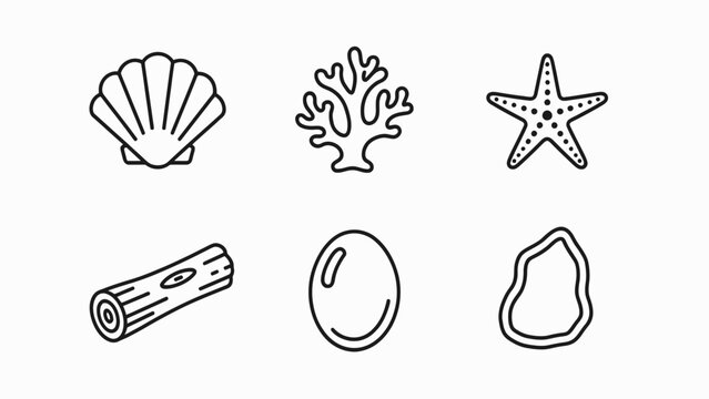 Nautical Icons: Shell, Coral, Starfish, Wood, Pebble, Oyster