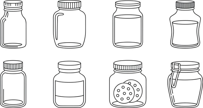 Assortment of Outline Jars and Bottles Including a Cookie Jar Keywords: jar bottle container glass bottle medicine bottle spice jar cookie jar lid cap food storage