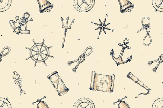 Nautical seamless pattern featuring vintage maritime navigation tools like anchors, compasses, ropes, bells, and maps on a light beige background