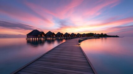 Obraz premium Maldives resort overwater bungalows on a long boardwalk extending into the calm indian ocean at sunset, with an vibrant sky reflecting on the tranquil water, creating a luxury travel destination
