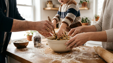 Fototapeta premium Family members working together in a kitchen to prepare homemade cookie dough using a large mixing bowl.