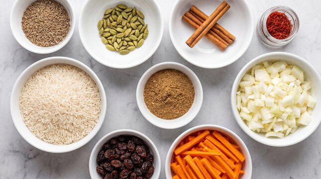 Afghan pilaf spice ingredients, Basmati rice flat lay, Carrot raisin preparation, Cardamom cumin bowls, Traditional recipe setup, Copy space
