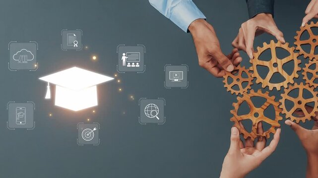 Two hands interacting with gears amidst graduation symbols on a grey background highlight the blend of innovation and education for future achievements. Raster