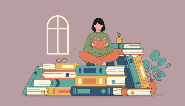 Young woman sitting cross-legged on a giant stack of colorful books while deeply engrossed in reading a novel.