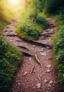 Navigating a difficult choice point where a single hiking trail splits into two divergent paths, leading toward unknown destinations, future, route, direction