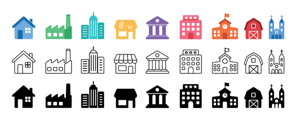 Fototapeta premium Collection of diverse building icons in various styles and colors