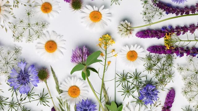 Wild Meadow Flower Pattern on White Background. Botanical Arrangement of Chamomile, Cornflower, Salvia, Clover and Wild Herbs Vertical Video Nature Background