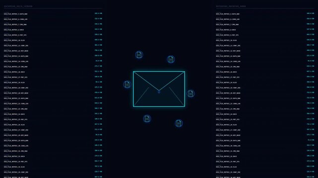 Motion Digital Data Transmission Animation Showing Email Icon and Network Connections in a Futuristic Digital Environment.
