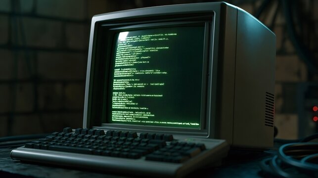 Vintage computer system with a crt monitor displaying green code, representing old technology, programming, cyber security, retro computing, and data processing
