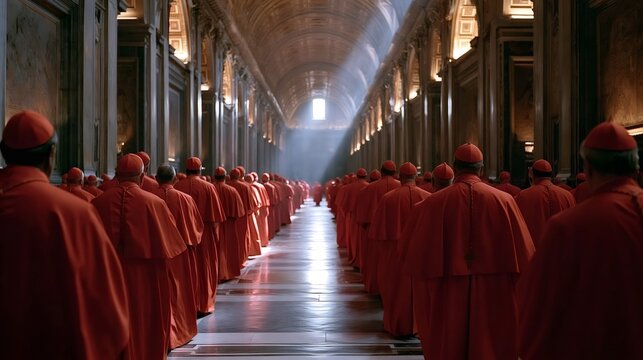 Cardinals in red robes are walking in a solemn procession down a grand, ornate church corridor with light streaming from a distant window, symbolizing faith and tradition