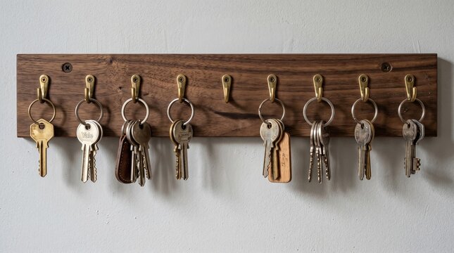 Wooden wall key rack with assorted metal keys and leather fob