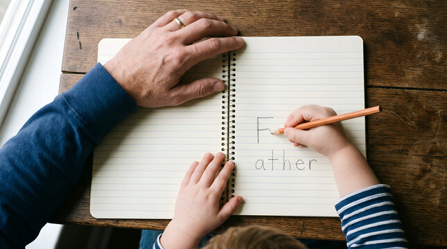 Child learns to write the word father in a notebook while sitting at a rustic wooden table with an adult guiding them.