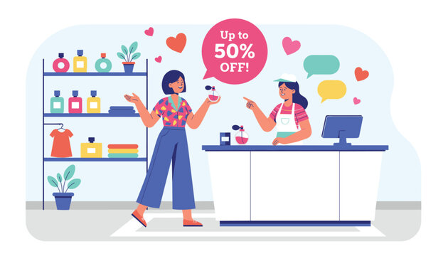 Happy female customer spraying a perfume tester in cosmetics shop while friendly sales assistant points to offer.