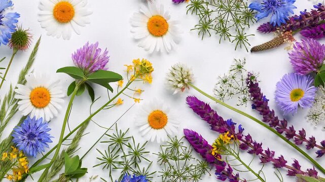 Colorful Wildflower Flat Lay with Chamomile and Cornflower. Rotating Botanical Background Made of Meadow Flowers. Summer Floral Composition with Clover and Wild Herbs Vertical Video