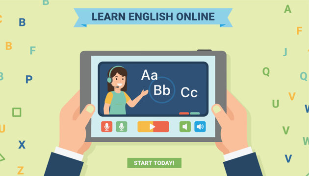 Hands holding a digital tablet with an online English lesson interface featuring a friendly female teacher instructing the alphabet.