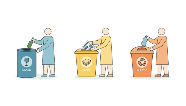 Eco friendly people responsibly sorting waste by putting glass, paper, and plastic into corresponding recycling bins.