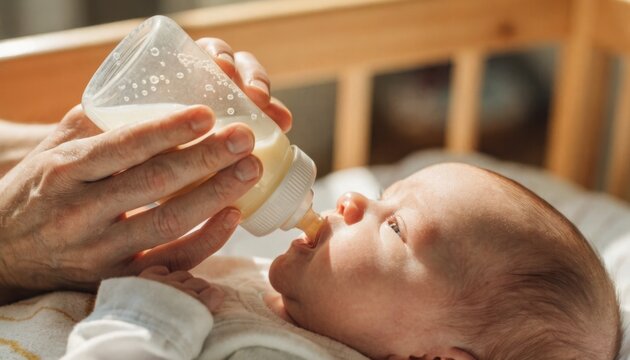 A newborn baby is being fed milk from a bottle while lying down, with an adult&rsquo;s hands gently holding the bottle.