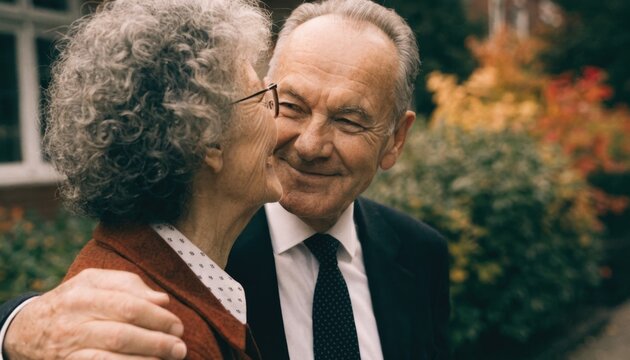 An elderly couple sharing a tender moment outdoors, smiling and embracing each other warmly against a blurred garden background.