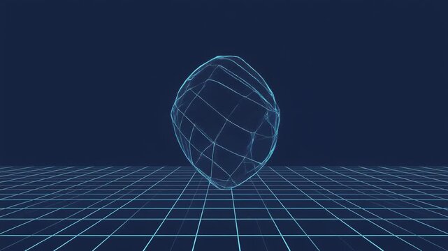 Glowing blue wireframe sphere morphing into a spinning ring in this digital motion graphic animation