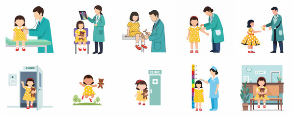 Fototapeta premium Little Girl Pediatric Medical Checkup Illustration Set with Doctors and Nurses