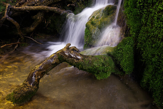 Cuervo River cascade with moss-covered rocks