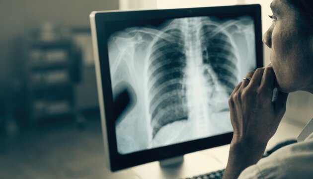 Medical professional analyzing a chest X-ray scan displayed on a computer monitor in a clinical setting.
