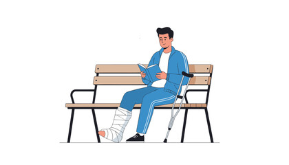 Fototapeta premium Injured young man with a leg cast sitting on a wooden park bench and quietly reading a book next to his crutch.