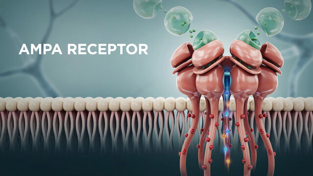 Detailed illustration of AMPA receptor structure and function in neuronal cell membrane