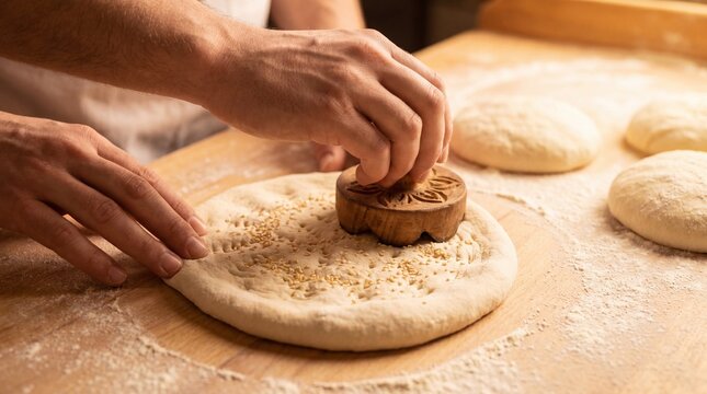 Afghan naan pattern making, Decorative dough stamping, Sesame seed bread prep, Flour dusted surface, Traditional bakery close up, Selective focus