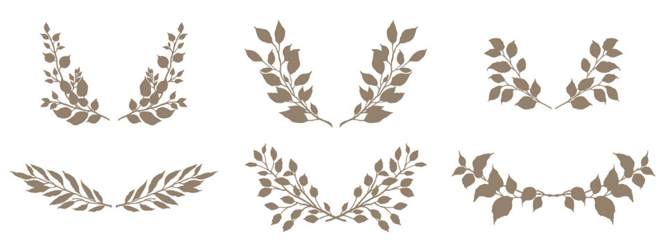Floral frames with branches and leaves. Tree branch silhouettes. Leaf wreath, border. Elegant vector illustration isolated on white