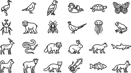 Fototapeta premium Japanese Wildlife Line Icon Set with Traditional Asian Animals Featuring Red-Crowned Crane Macaque Monkey Sika Deer Mandarin Duck and Iriomote Cat Symbols