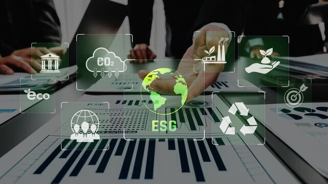 Business professionals collaborate on sustainable development plans, featuring ESG graphics that emphasize eco-friendly practices and carbon footprint reduction strategies. Raster