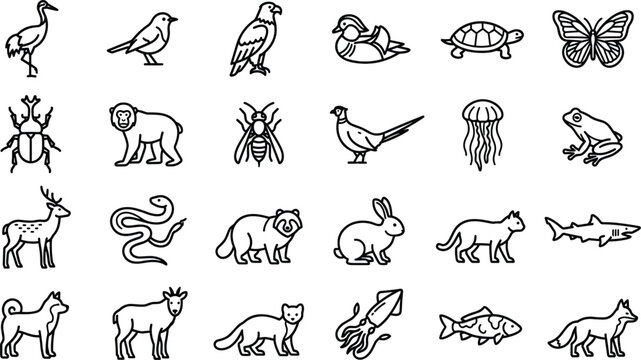 Japanese Wildlife Line Icon Set with Traditional Asian Animals Featuring Red-Crowned Crane Macaque Monkey Sika Deer Mandarin Duck and Iriomote Cat Symbols