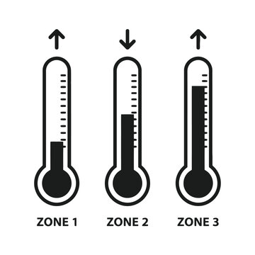 Set of three thermometer icons showing different temperature levels and zones with up and down arrows in a flat black line style