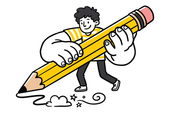 Illustration of a young boy holding a giant pencil drawing on the floor